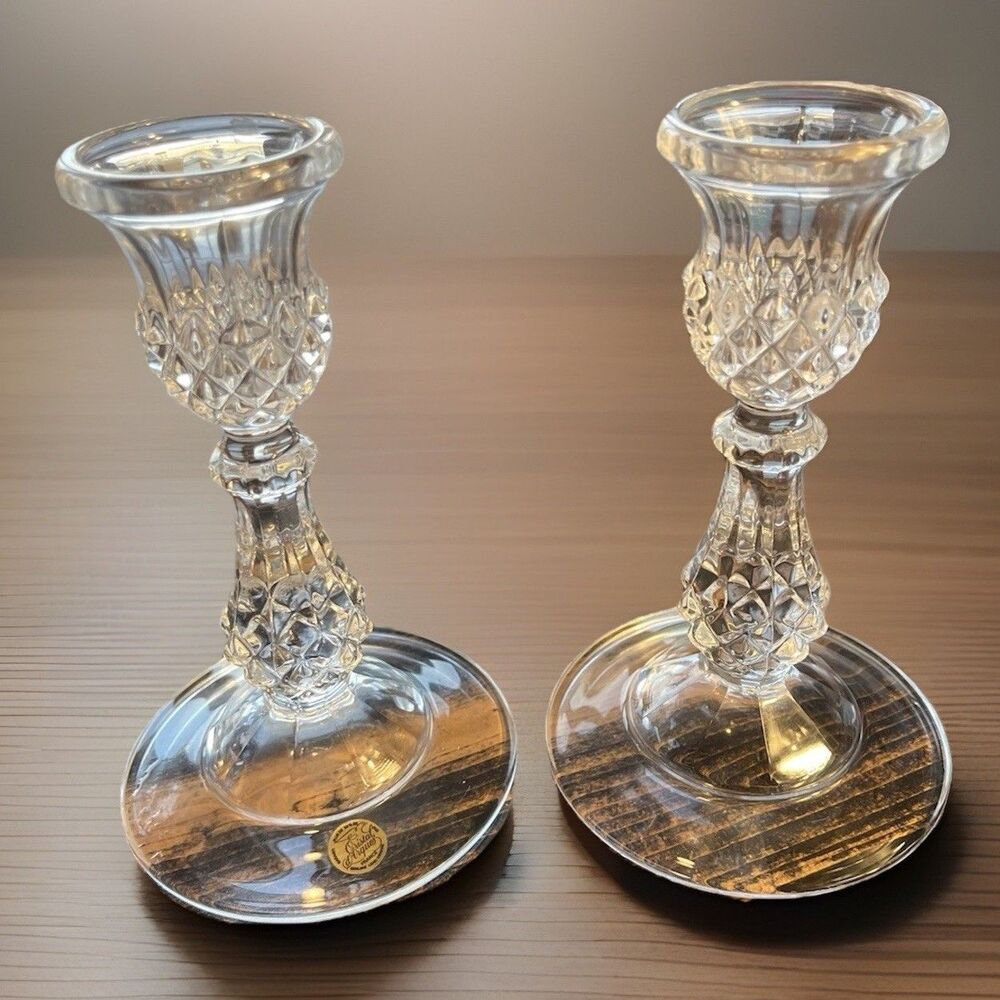 Cristal d’Arques France Lead Crystal Candlesticks Pair Clear Glass Vintage